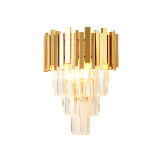 Modern Gold Sconce Light - 4 Layer Wall Fixture With Tri-Sided Crystal Rods And 2 Heads