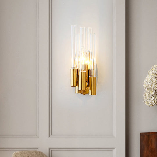 Nordic Gold Tube Wall Mount Sconce Light Fixture - 1 Head Clear Glass Ideal For Living Room