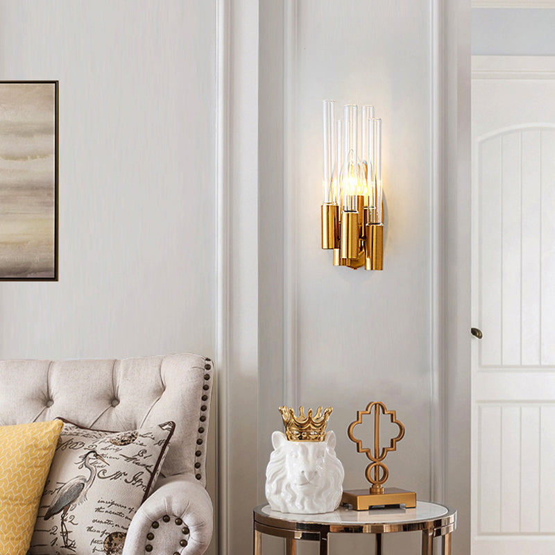 Nordic Gold Tube Wall Mount Sconce Light Fixture - 1 Head Clear Glass Ideal For Living Room