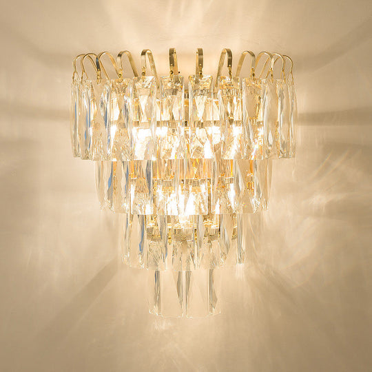 Gold Crystal Wall Sconce With 3 Modern Heads And 4 Tiers For Living Room