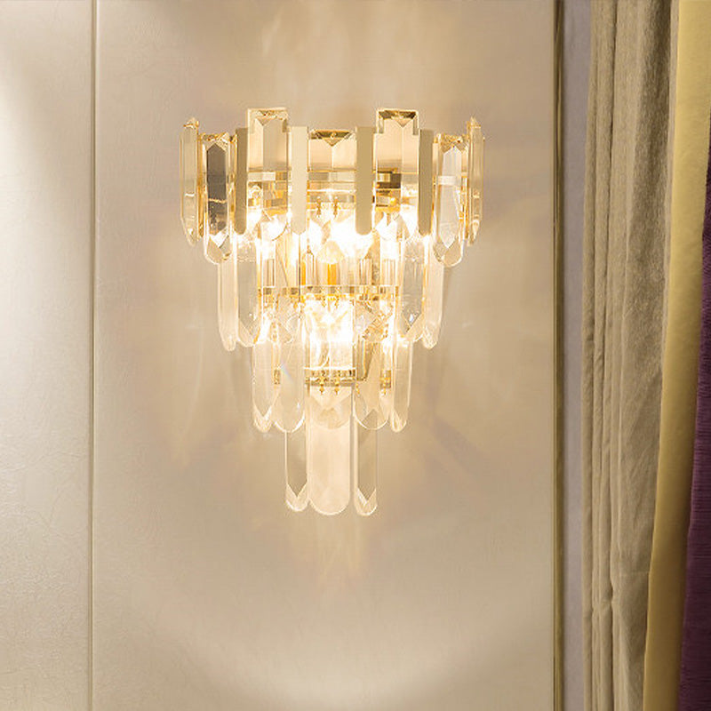 Modern 3-Headed Crystal Wall Sconce With Gold 4-Layer Mount
