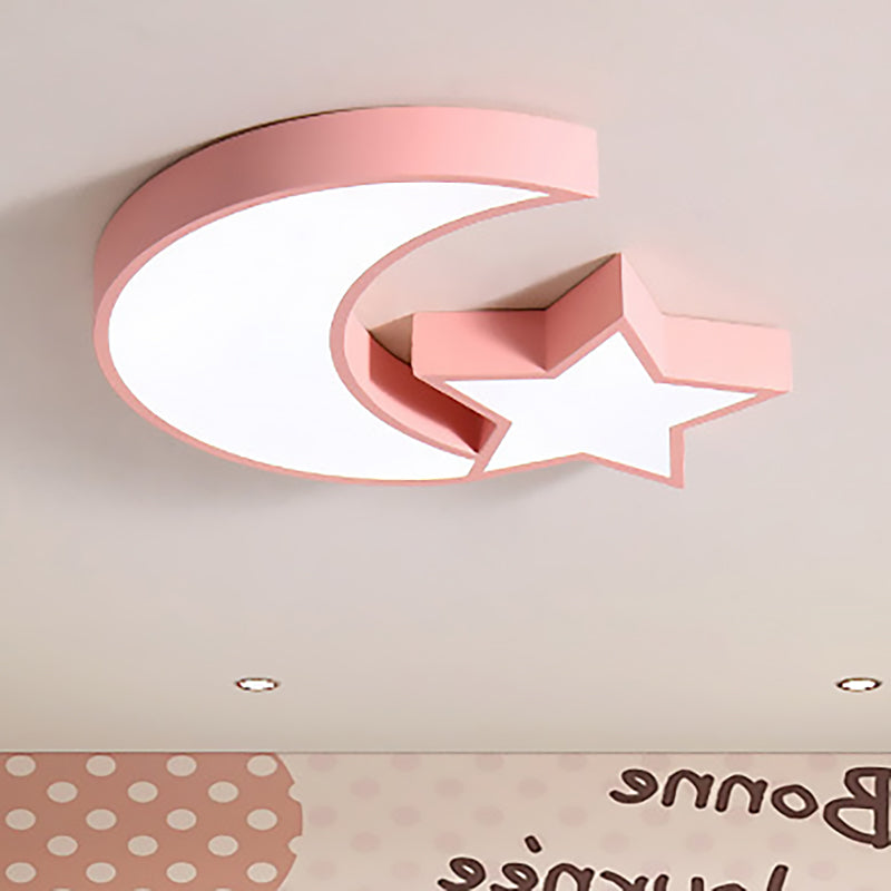 Kids Bedroom Led Ceiling Lamp - Metal Acrylic Flush Mount Light With Star & Moon Design