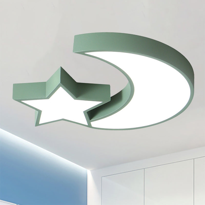 Kids Bedroom Led Ceiling Lamp - Metal Acrylic Flush Mount Light With Star & Moon Design