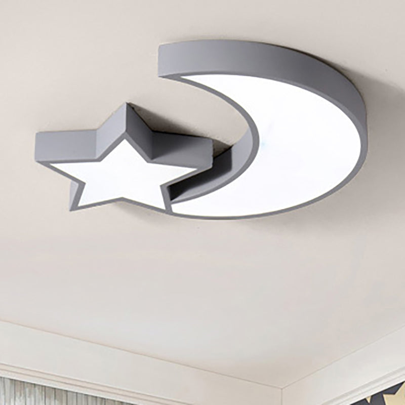 Kids Bedroom Led Ceiling Lamp - Metal Acrylic Flush Mount Light With Star & Moon Design Grey / White