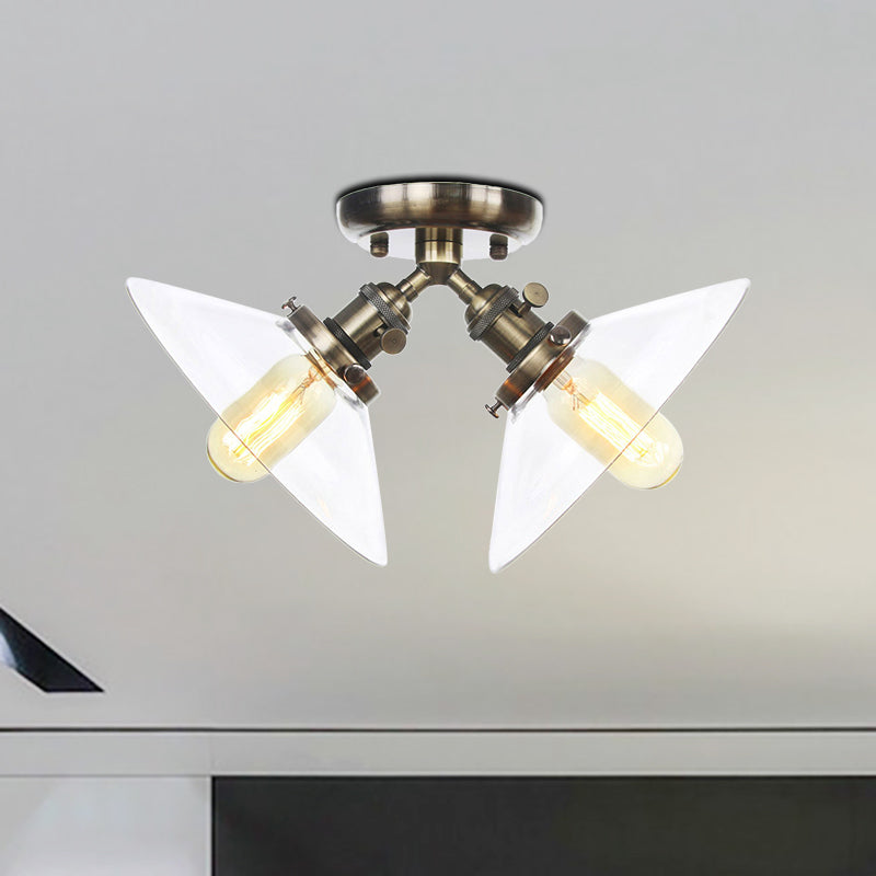 Industrial Style Clear Glass Semi Flush Mount Ceiling Light With 2 Lights For Conical Restaurants