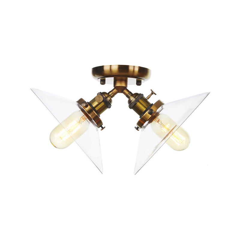 Industrial Style Clear Glass Semi Flush Mount Ceiling Light With 2 Lights For Conical Restaurants