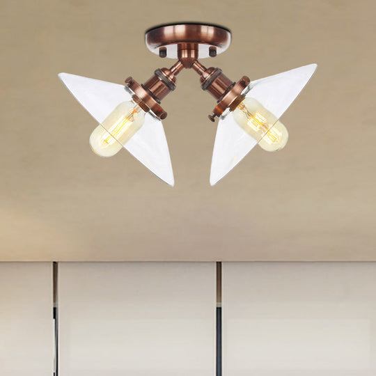 Industrial Style Clear Glass Semi Flush Mount Ceiling Light With 2 Lights For Conical Restaurants