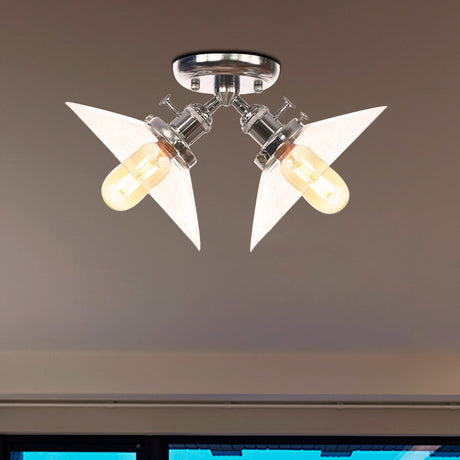 Industrial Conical Restaurant Semi Flush Light With Clear Glass - 2 Lights Ceiling Mount In