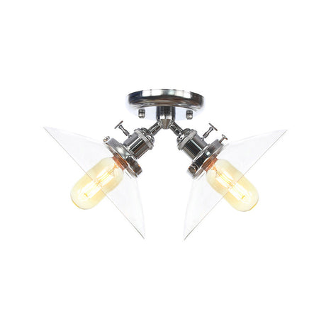 Industrial Conical Restaurant Semi Flush Light With Clear Glass - 2 Lights Ceiling Mount In