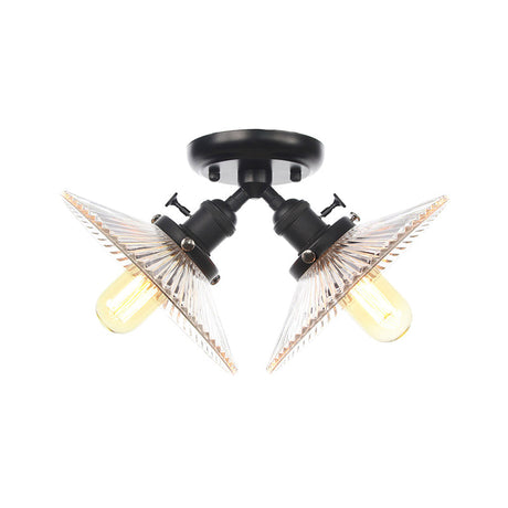 Flared Shade Ceiling Mount Light With Clear Ribbed Glass - 2 Heads Ideal For Restaurants Black/Brass