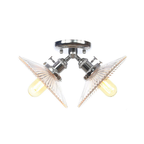 Flared Shade Ceiling Mount Light With Clear Ribbed Glass - 2 Heads Ideal For Restaurants Black/Brass