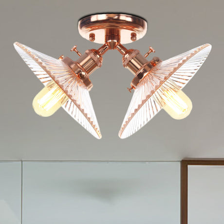 Flared Shade Ceiling Mount Light With Clear Ribbed Glass - 2 Heads Ideal For Restaurants Black/Brass