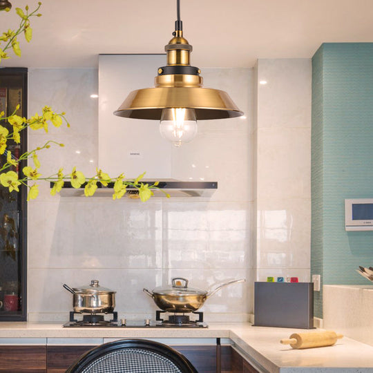 Industrial Style Barn Shade Metal Suspension Light - Adjustable Hanging Ceiling Fixture With Brass