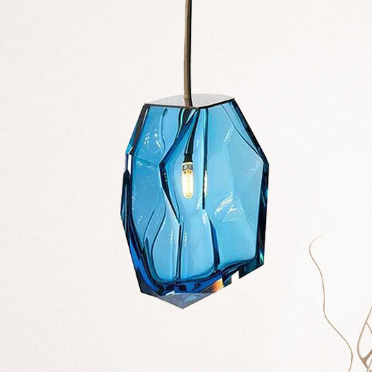 Blue Glass Gem Pendant Light Fixture - Contemporary 1 Head Ceiling Lighting For Bedrooms