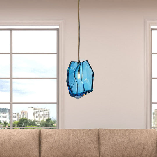 Blue Glass Gem Pendant Light Fixture - Contemporary 1 Head Ceiling Lighting For Bedrooms