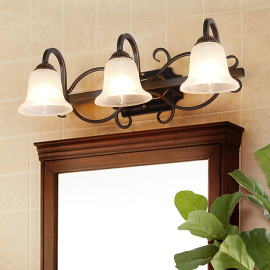 Vintage Curvy Arm Black Sconce Light Fixture For Bathroom Vanity - 2/3 Lights Milky Glass