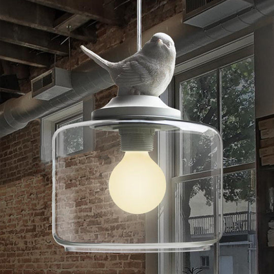 Contemporary Clear Glass Drum Pendant Light With Bird Decoration For Restaurants