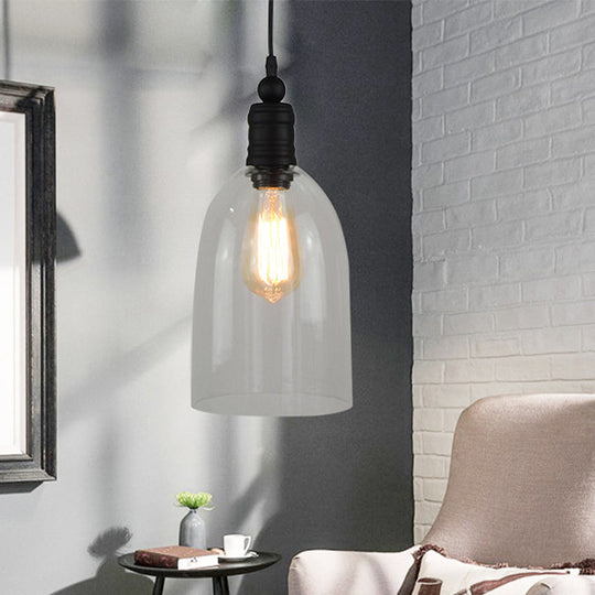 Modern Black Pendant Ceiling Light - Clear Glass Elongated Dome Design