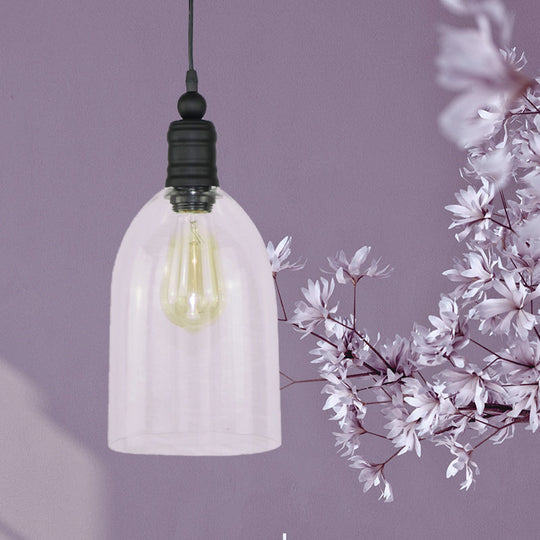 Modern Clear Glass Dome Pendant Light Fixture - Single Head Black Ceiling Lamp