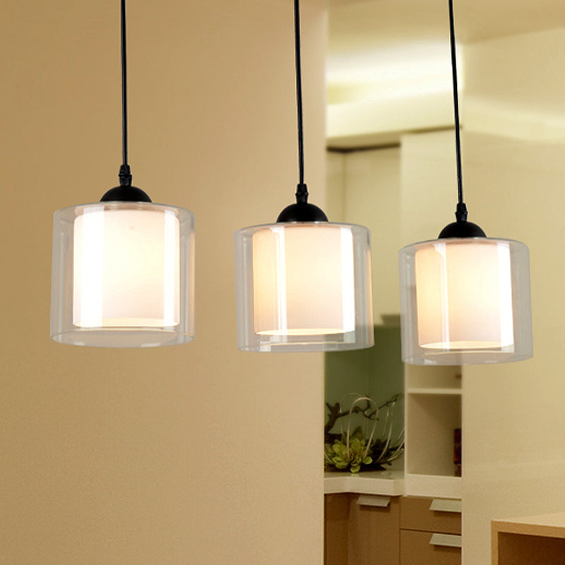 Contemporary Hanging Glass Pendant Light For Dining Room - White Cylinder Design