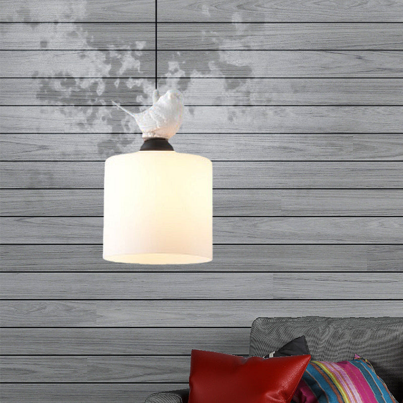 White Glass Cylinder Pendant Light: Simple Style Hanging Lamp With 1 Light Kit
