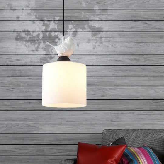 White Glass Cylinder Pendant Light: Simple Style Hanging Lamp With 1 Light Kit
