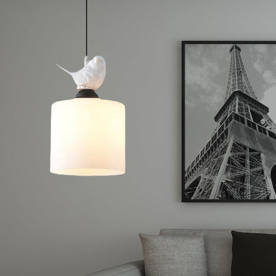 White Glass Cylinder Pendant Light: Simple Style Hanging Lamp With 1 Light Kit