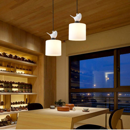 White Glass Cylinder Pendant Light: Simple Style Hanging Lamp With 1 Light Kit