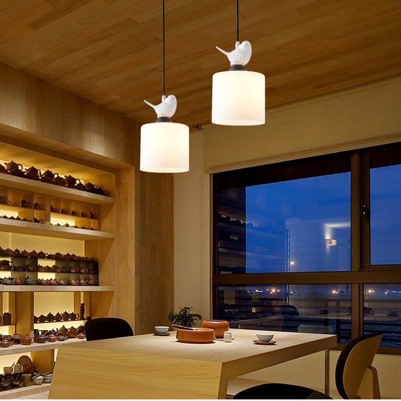 Simple Style White Glass Cylinder Tea Bar Pendant Light Fixture With Hanging Kit - 1