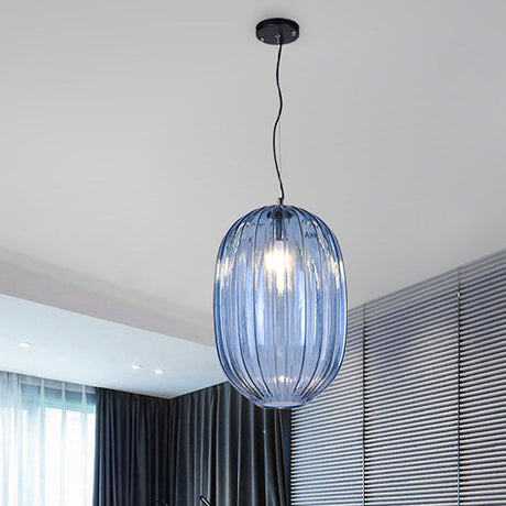 Vintage Blue Glass Lantern Pendant Light Fixture - 1 Head Suspension For Living Room