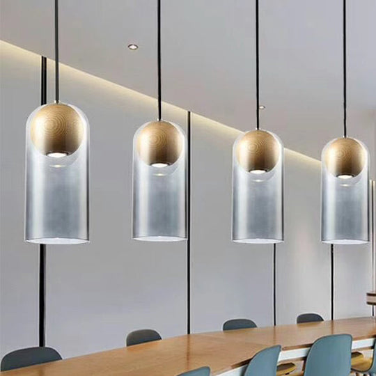 Modern Smoke Gray Glass Cylinder Pendant Light Fixture With Globe Wood Shade - Perfect For Dining