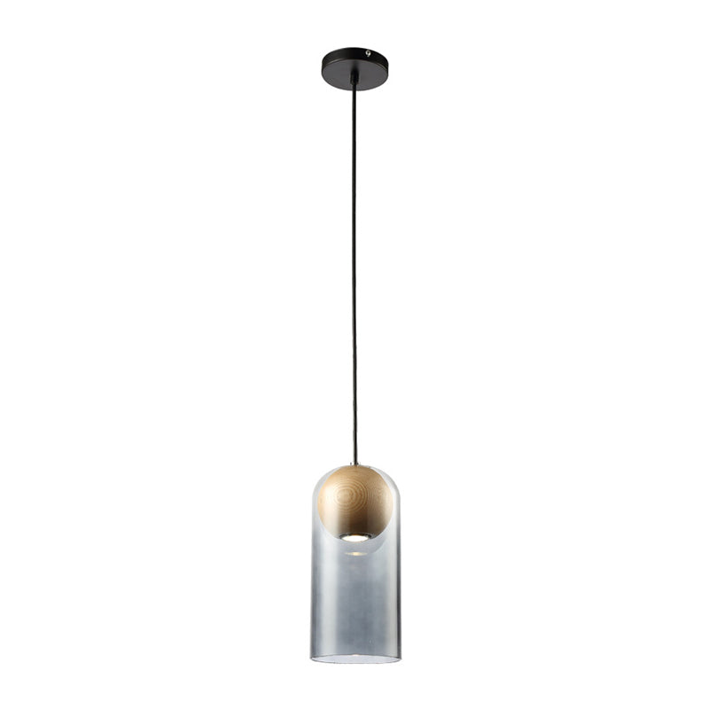 Modern Smoke Gray Glass Cylinder Pendant Light Fixture With Wood Globe Shade - Ideal For Dining Room