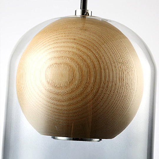 Modern Smoke Gray Glass Cylinder Pendant Light Fixture With Wood Globe Shade - Ideal For Dining Room