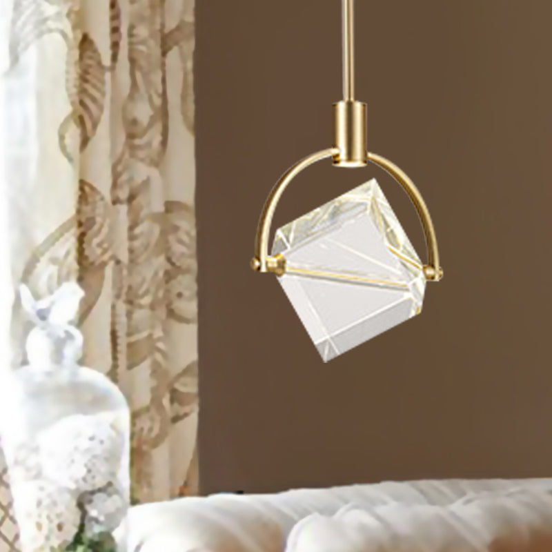 Contemporary Gold Pendant Ceiling Light For Bedroom - Clear Glass Cube Hanging Lamp Kit