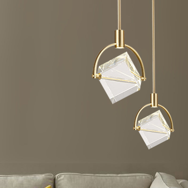 Contemporary Gold Pendant Ceiling Light For Bedroom - Clear Glass Cube Hanging Lamp Kit