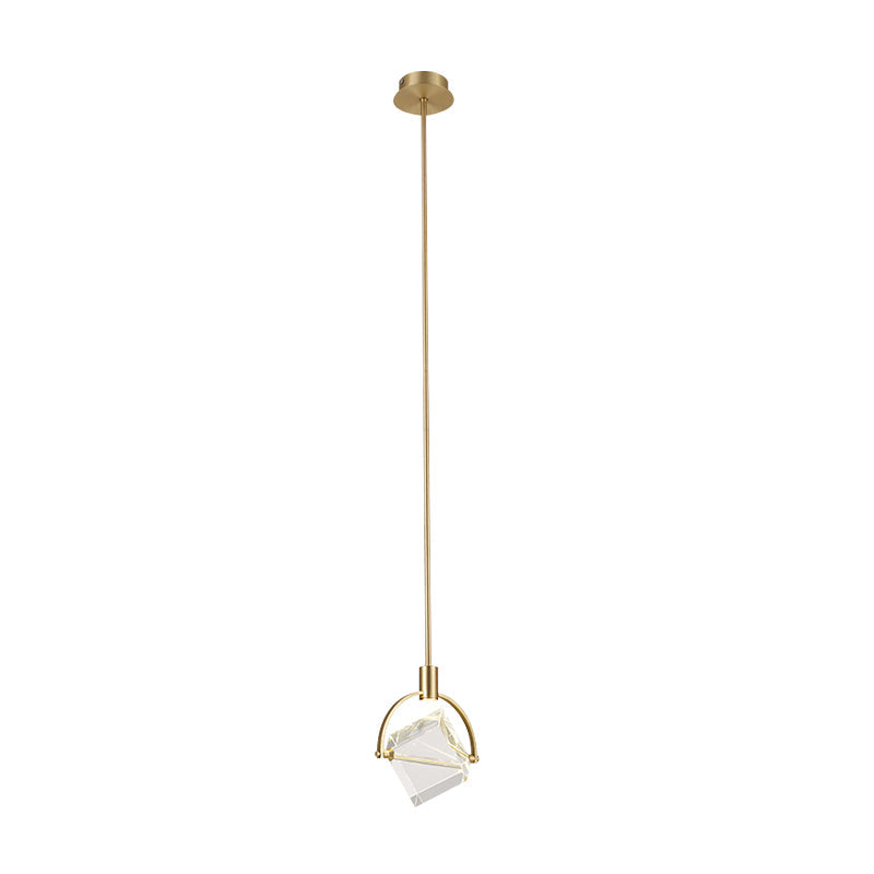 Contemporary Gold Pendant Ceiling Light For Bedroom - Clear Glass Cube Hanging Lamp Kit