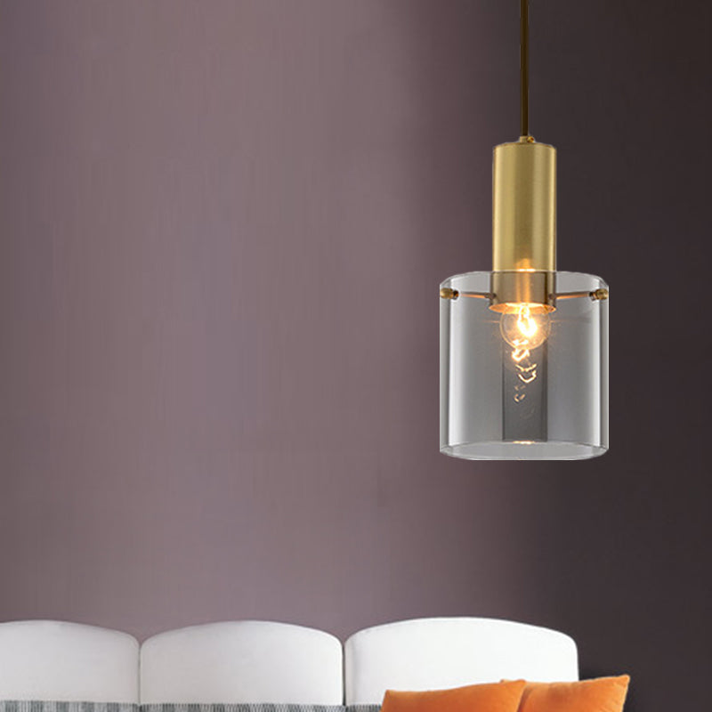 Modern Clear Glass Cylinder Pendant Light With Brass Finish | Ideal For Dining Room Ceiling