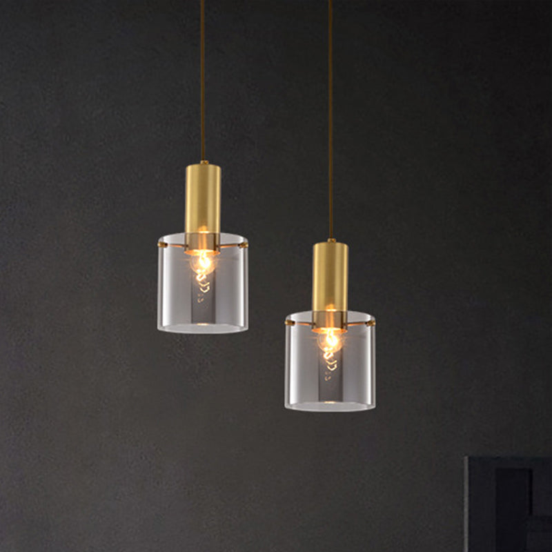 Modern Clear Glass Cylinder Pendant Light With Brass Finish | Ideal For Dining Room Ceiling
