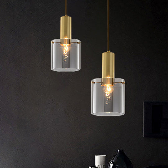 Modern Clear Glass Cylinder Pendant Light - 1 Head Brass Hanging Ceiling For Dining Room