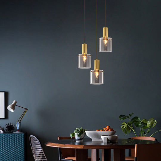 Modern Clear Glass Cylinder Pendant Light With Brass Finish | Ideal For Dining Room Ceiling