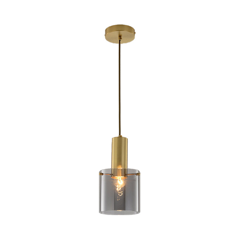 Modern Clear Glass Cylinder Pendant Light - 1 Head Brass Hanging Ceiling For Dining Room