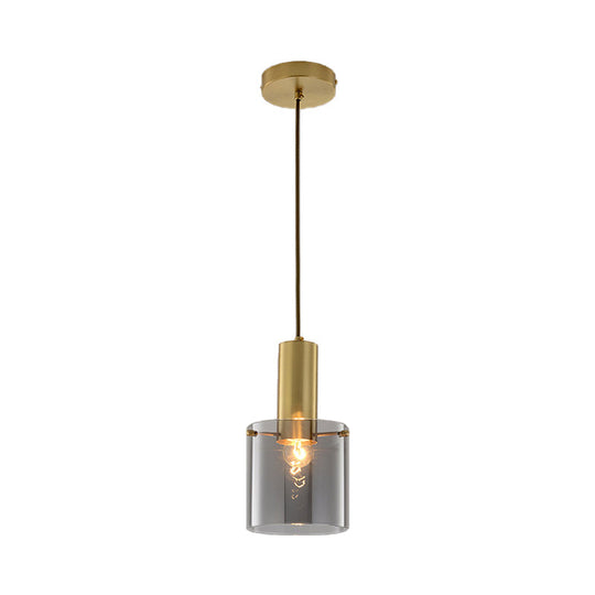 Modern Clear Glass Cylinder Pendant Light - 1 Head Brass Hanging Ceiling For Dining Room