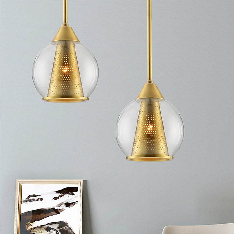Modern Smoke Gray Glass Pendant Ceiling Light With Gold Cone Metal Shade - Elegant Dining Room