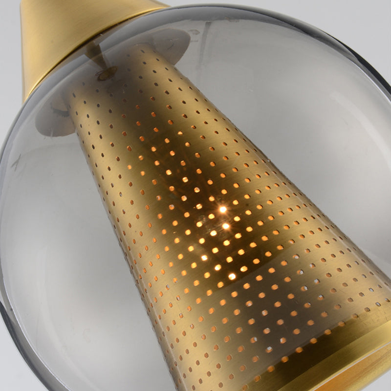 Modern Smoke Gray Glass Sphere Pendant Light With Gold Metal Shade - Perfect For Dining Room