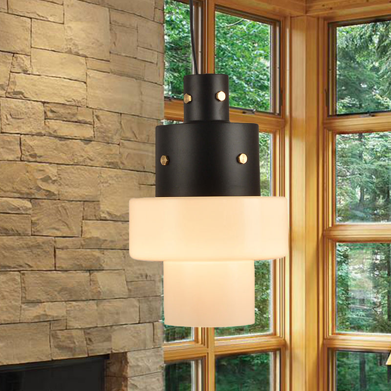 Rustic White Glass Cylinder Pendant Light For Living Room - Single Head Black Ceiling Fixture