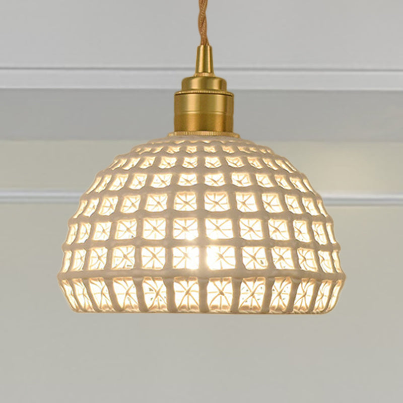 Vintage Ceramic Dome Suspension Lamp With Hollow Out Design Blue/Pink 1-Light Hanging Fixture