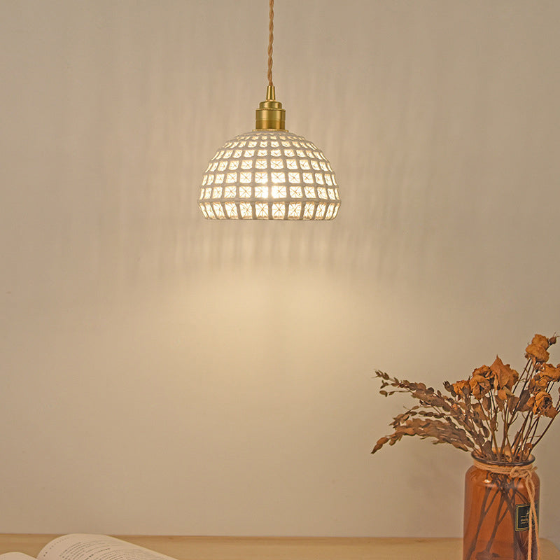 Vintage Ceramic Dome Suspension Lamp With Hollow Out Design Blue/Pink 1-Light Hanging Fixture
