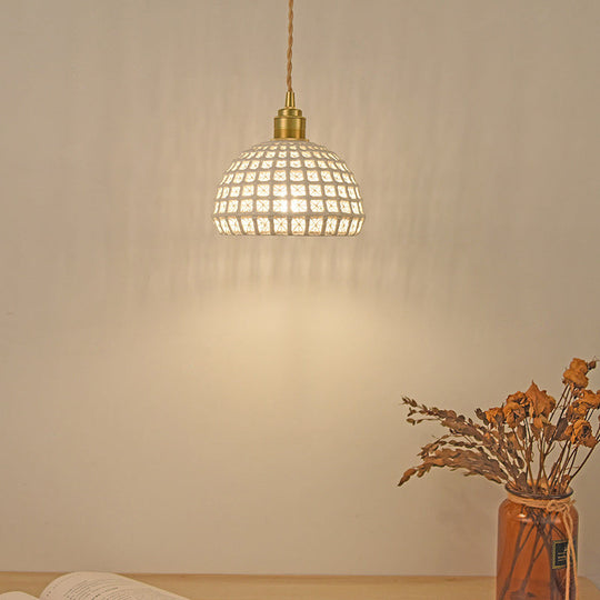 Vintage Ceramic Dome Lamp With Hollow Out Design - Blue/Pink Suspended Light