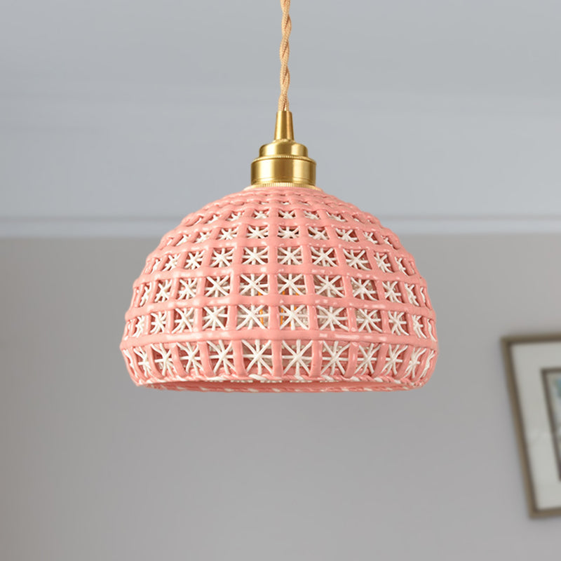 Vintage Ceramic Dome Suspension Lamp With Hollow Out Design Blue/Pink 1-Light Hanging Fixture