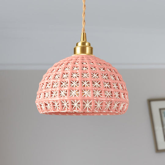 Vintage Ceramic Dome Suspension Lamp With Hollow Out Design Blue/Pink 1-Light Hanging Fixture